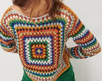 Crochet Pullover, Gift for her, Granny Square Sweater, Handmade Pullover Sweater, Crochet Patchwork Sweater, Handmade Colorful Sweater,