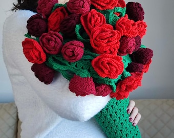 かぎ針編みの花束ブランケット、かぎ針編みの赤いバラの花束