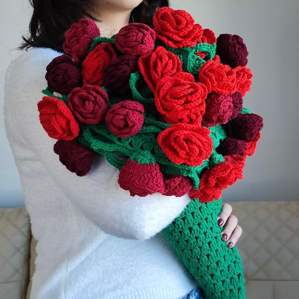 Crochet Red Rose Bouquet Blanket: Handmade Wool Granny Square Afghan