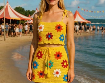 Conjunto de falda de flores de crochet hecho a mano: atuendo para festival de verano