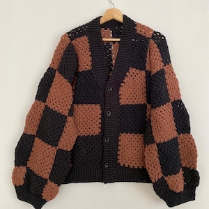Handmade Crochet Checker Cardigan: Unisex Cotton Knit Sweater