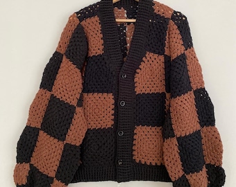 Handgemachte häkeln Checker-Strickjacke : Unisex Baumwollstrickpullover