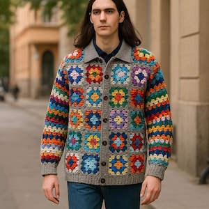Handmade Granny Square Crochet Cardigan: Colorful Wool Knit Coat