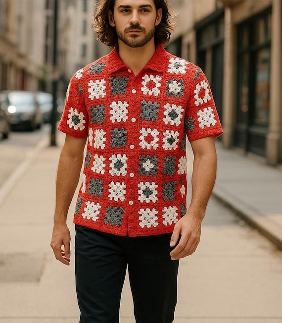 crochet dress shirt Crochet Granny Square Shirt: Vintage Style Cotton Knit