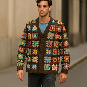 Handmade Granny Square Crochet Cardigan: Colorful Patchwork Knitwear