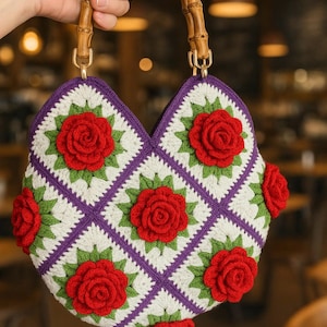 3D Rose Bag, Crochet Granny Square Tote Bag, Crochet Rose Bag, Handmade Bag, Gift for Women, Gift for her, Vintage Style Bag, Knitted Bag