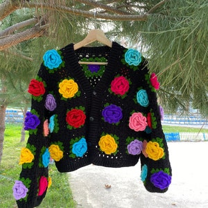 Hand Knitted Crochet Rose Cardigan: Black Granny Square Wool Sweater