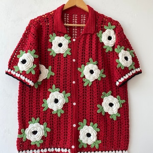 Red Crochet Shirt, Knitted Shirt, Floral Crochet Shirt, Unisex Shirt, Summer Shirt, Crochet Unisex Shirt, Crochet Shirt, Crochet Overshirt