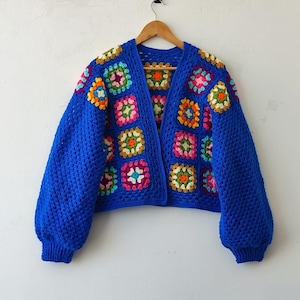 Blue Granny Square Colorful Crocheted Cardigan, Crochet Cardigan, Wool Knit Coat, Crochet Afghan Coat, Crochet Bohemian Cardigan, Gift