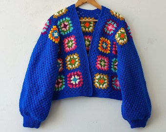 Blue Granny Square Crocheted Cardigan: Bohemian Knit Coat