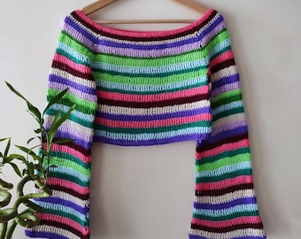 Hand-Knitted Crochet Crop Sweater: Colorful Striped Pullover