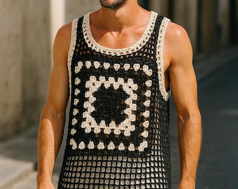 Handmade Crochet Tank Top: Black & White Bohemian Vest