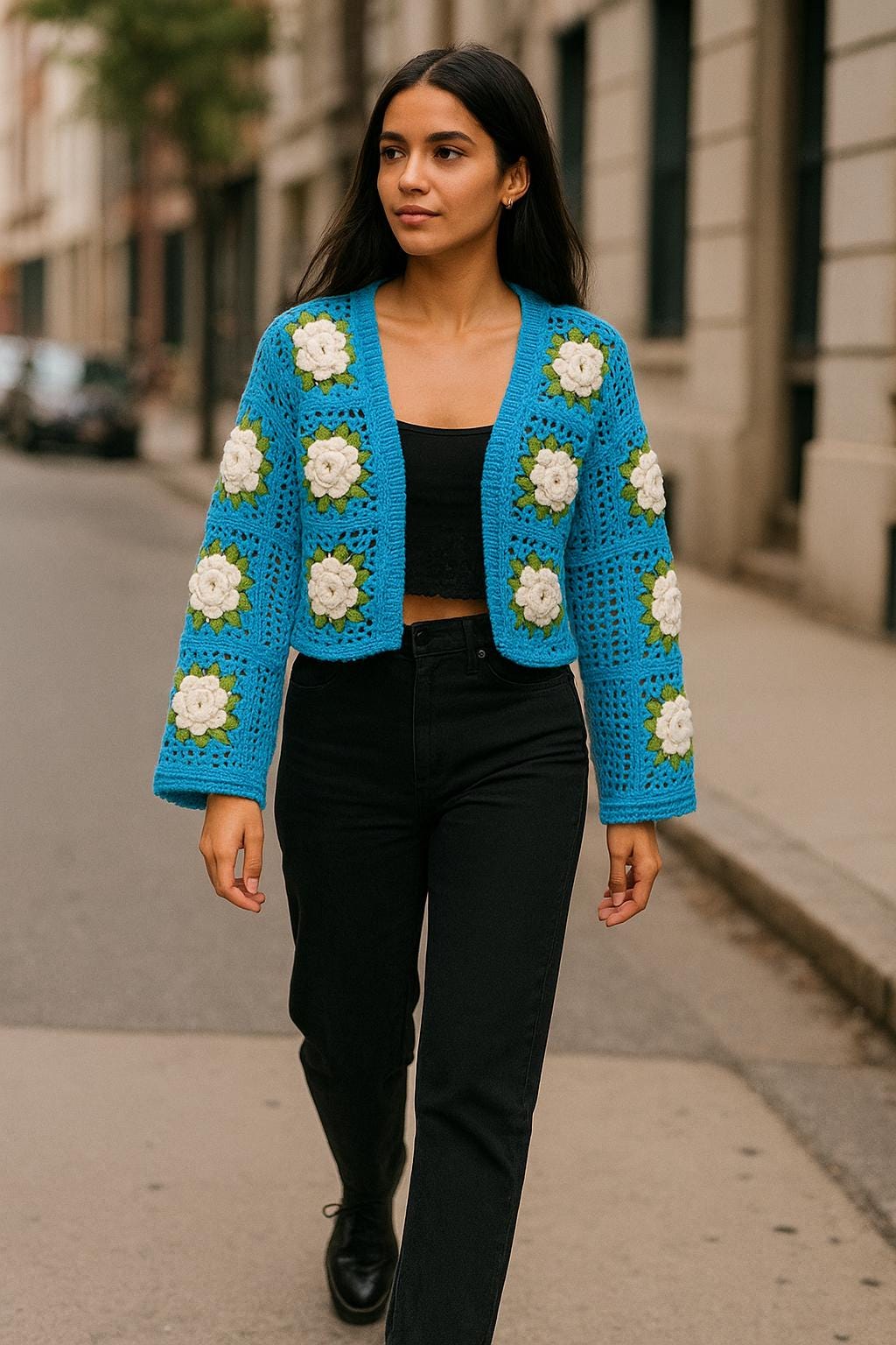 Handmade Crochet Rose Cardigan: Blue Granny Square Wool Jacket - Etsy