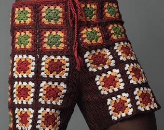 Crochet Shorts, Granny Square Shorts, Men's Ethnic Shorts, Unisex Hand Knitt Crochet Shorts, Brown Men's Shorts, Crochet Men's Beach Shorts