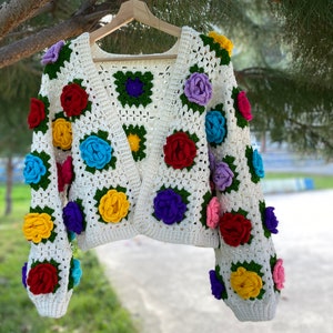 Hand Knitted Wool Crochet Rose Cardigan: Colorful Granny Square Design