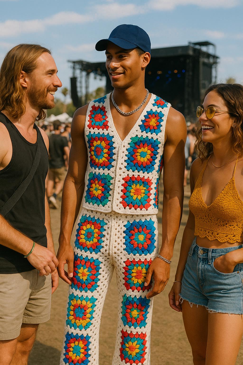 Patchwork Rave Mens Hippie Clothing, Crochet Top and Pants, Rave Costume, Summer ...