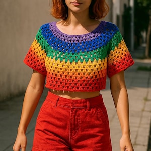 Crochet Pride Rainbow Crop, Crochet Pride T-shirt, Pride Crop T-shirt, Pride Festival Crop Top, Handmade Rainbow Blouse, LGBTQ Blouse, Gift