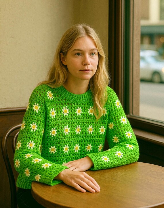 Handmade Crochet Daisy Sweater: Neon Green Knit Blouse - Etsy