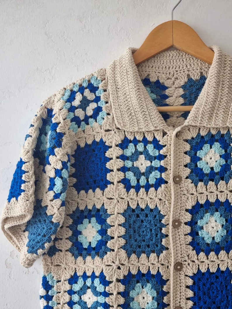 POL Button Down Openwork Floral Crochet Shirt with Granny Square Pattern