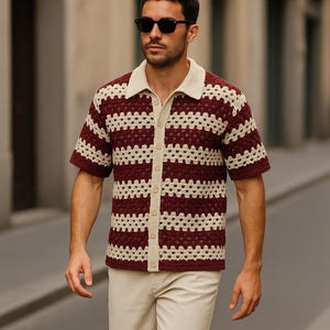 Crochet Shirt, Unisex Shirt, Crochet Overshirt, Crochet Shirt for Men, Knitted Mens Shirt, Crochet Striped Shirt, Gift for Him, Gift for Dad