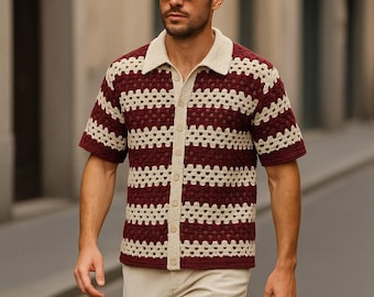 Handmade Crochet Striped Shirt: Cotton Knit Overshirt