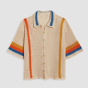 Crochet Cotton Men&#39;s Shirt: Lightweight Knit Summer Beach Top