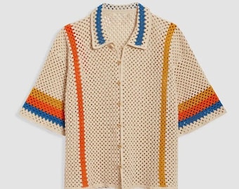 Crochet Cotton Men's Shirt: Lightweight Knit Summer Beach Top