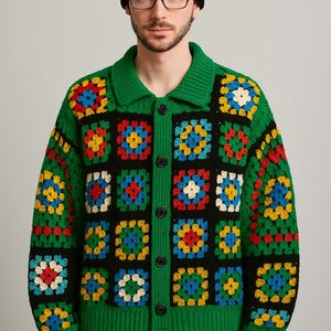 Handcrafted Granny Square Crochet Cardigan: Colorful Boho Jacket