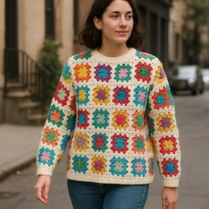 Op de afbeelding: Een vrouw draagt een witte gehaakte trui met een kleurrijk granny square-patroon. De trui heeft lange mouwen en een ronde hals. Ze draagt een blauwe jeans.