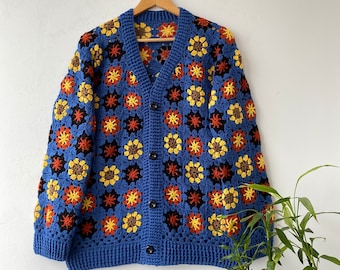 Crochet Grandma Square Cardigan: Unisex Boho Mantel aus Baumwolle