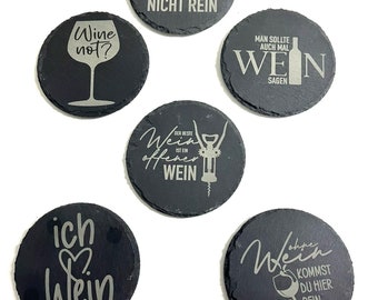 Schiefer Untersetzer Wein, Gin, Kaffee, 6er-Set Untersetzer, Untersetzer Set, Geschenk, Geschenkidee, Sprüche Untersetzer, Lasergravur