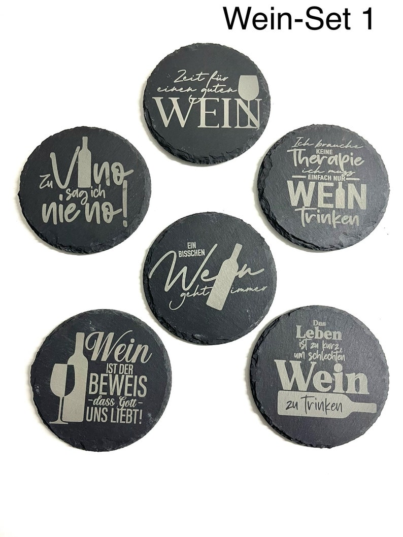 Schiefer Untersetzer Wein, Gin, Kaffee, 6er-Set Untersetzer, Untersetzer Set, Geschenk, Geschenkidee, Sprüche Untersetzer, Lasergravur Bild 2