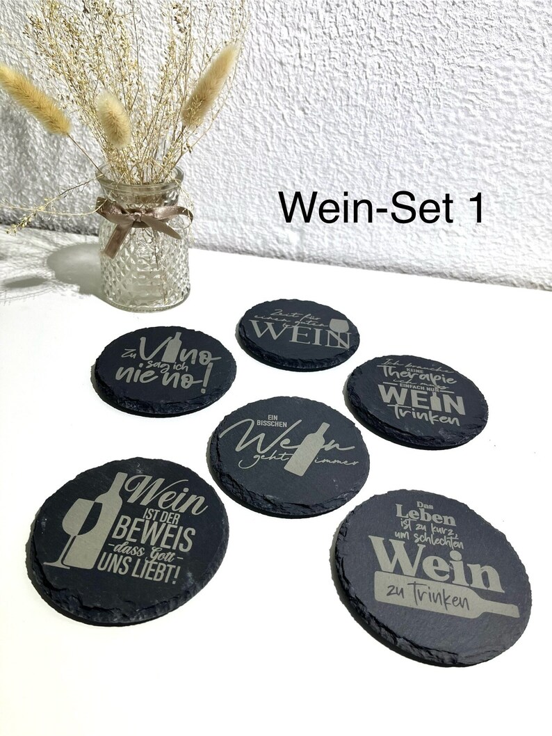 Schiefer Untersetzer Wein, Gin, Kaffee, 6er-Set Untersetzer, Untersetzer Set, Geschenk, Geschenkidee, Sprüche Untersetzer, Lasergravur Bild 1