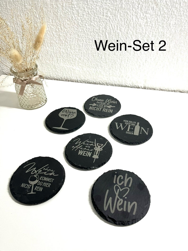 Schiefer Untersetzer Wein, Gin, Kaffee, 6er-Set Untersetzer, Untersetzer Set, Geschenk, Geschenkidee, Sprüche Untersetzer, Lasergravur Bild 3