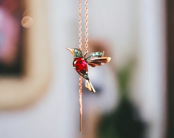 Gold Handmade Hummingbird Long Drop Earrings - Unique Bird Design Jewelry, Perfect Birthday Gift for Her