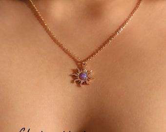 Handgemachte Reorah Opal Halskette mit Sonnenstein & Zirkon Sterne - Verträumtes Geschenk für Sie bei Sonnenuntergang
