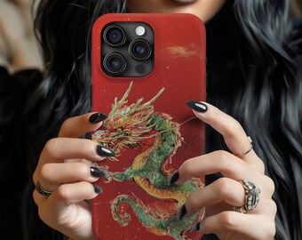 Vintage telefoonhoesje met oriëntaalse drakenkunst, mythische hoes