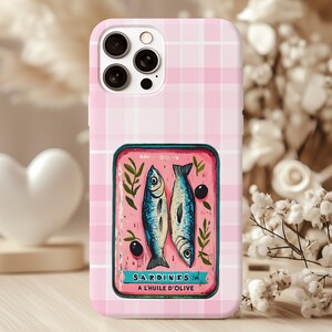 Sardine Phone Case,Pink Retro Tinned Fish Art Design image 2