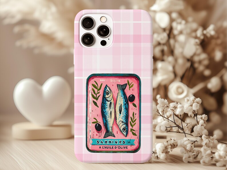 Sardine Phone Case,Pink Retro Tinned Fish Art Design image 2