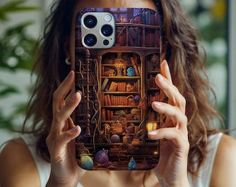 Gothic fantasy boekenplank telefoonhoesje, boekenliefhebber cadeau