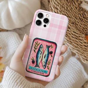 Sardine Phone Case,Pink Retro Tinned Fish Art Design image 3