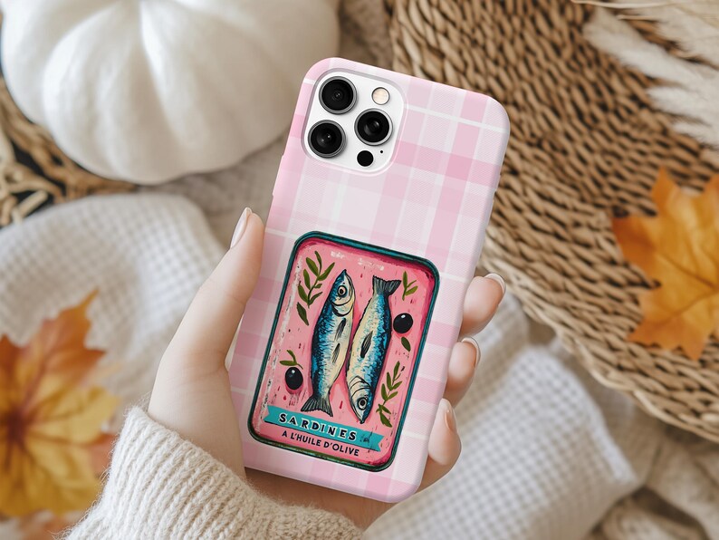 Sardine Phone Case,Pink Retro Tinned Fish Art Design image 3