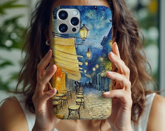Van Gogh Style Painting Phone Case,Inspired by Café Terrace at Night,Iphone 16-11 Pro Max Mini Case,Galaxy S25-S21 Ultra,Pixel 9 8 7 Xl Case