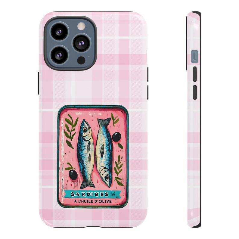 Sardine Phone Case,Pink Retro Tinned Fish Art Design image 14