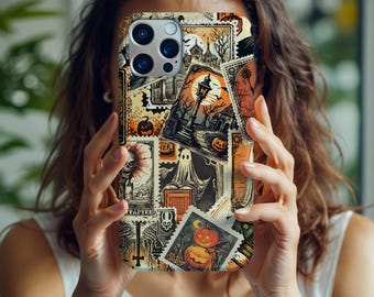 Spooky Halloween Stamps Phone Case: Gothic Horror Decor
