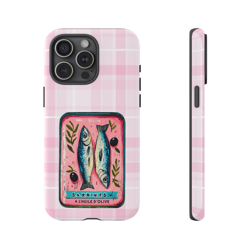 Sardine Phone Case,Pink Retro Tinned Fish Art Design image 12