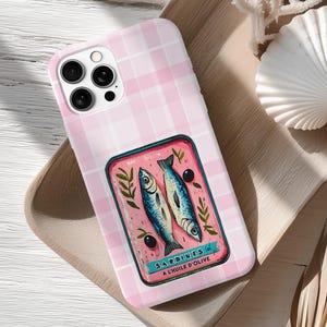 Sardine Phone Case,Pink Retro Tinned Fish Art Design image 4