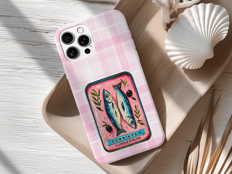 Sardine Phone Case,Pink Retro Tinned Fish Art Design image 4