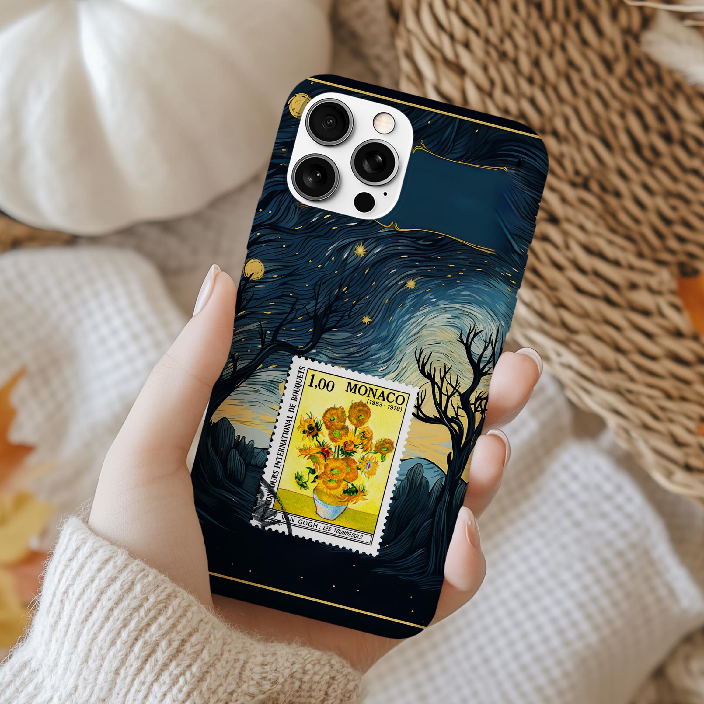 Van Gogh Starry Night & Sunflowers iPhone Case – Artistic Phone Cover with Monaco Vintage Stamp, Starry Sky Aesthetic Gift for Art Lovers