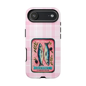 Sardine Phone Case,Pink Retro Tinned Fish Art Design image 8